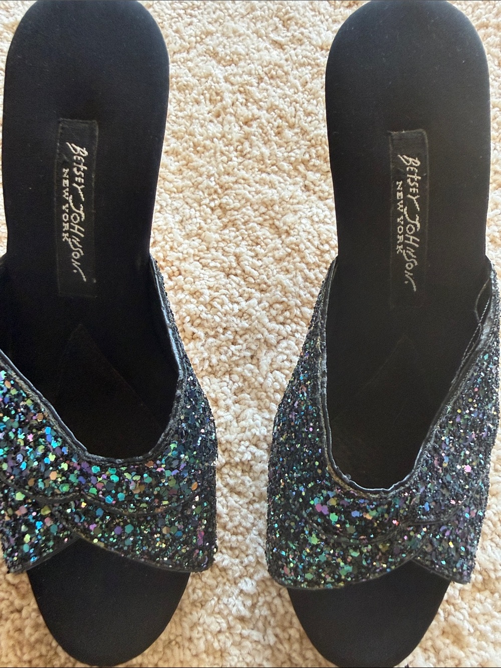 Betsey Johnson Black Glitter Mules with Iridescent Sparkle